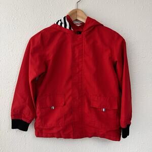 Flawed M2C Red Hooded Jacket Unisex Kids Size 130 Striped Lining Zipper Pockets